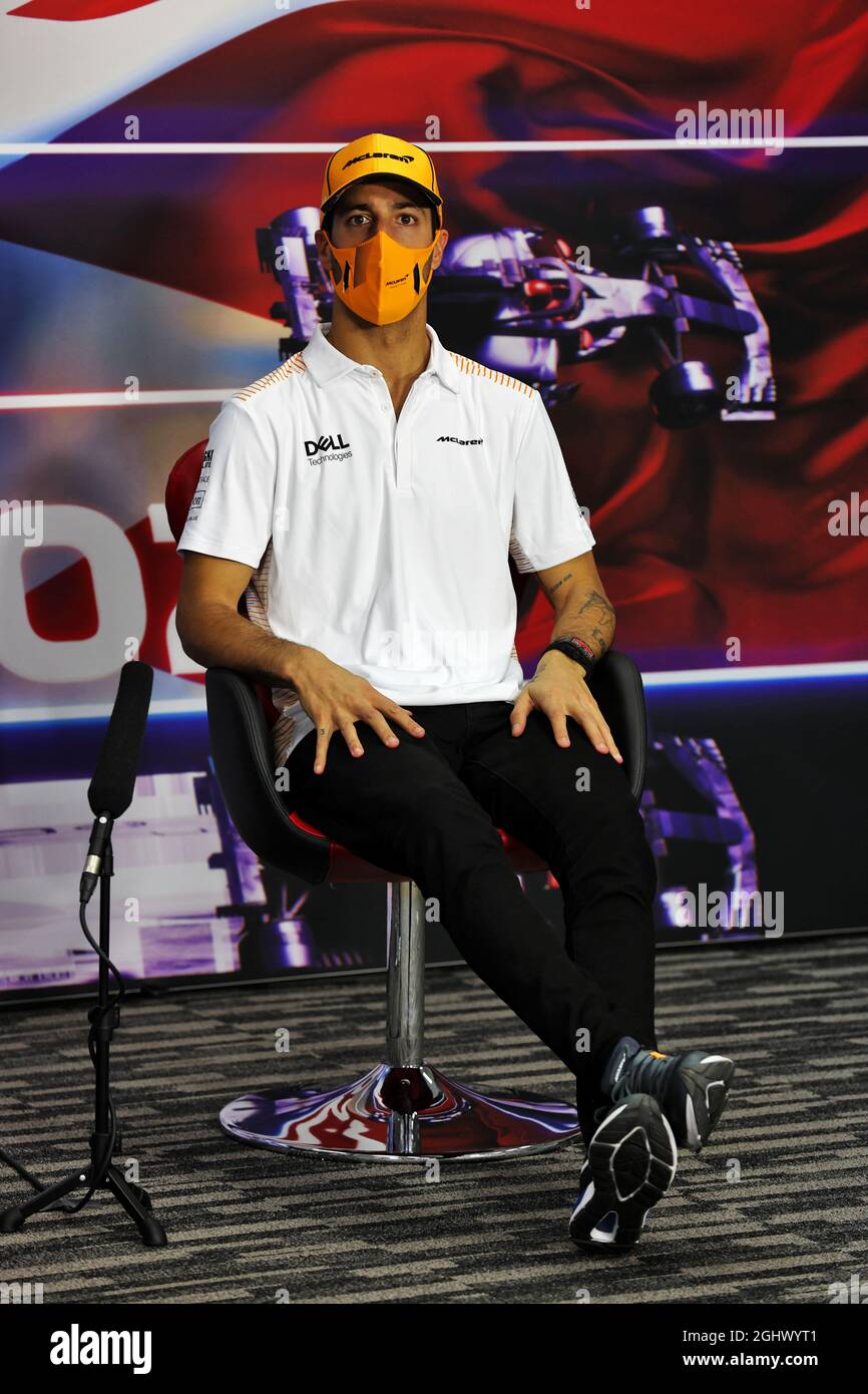 Daniel Ricciardo (AUS) McLaren in the FIA Press Conference.  12.03.2021. Formula 1 Testing, Sakhir, Bahrain, Day One.  Photo credit should read: XPB/Press Association Images. Stock Photo