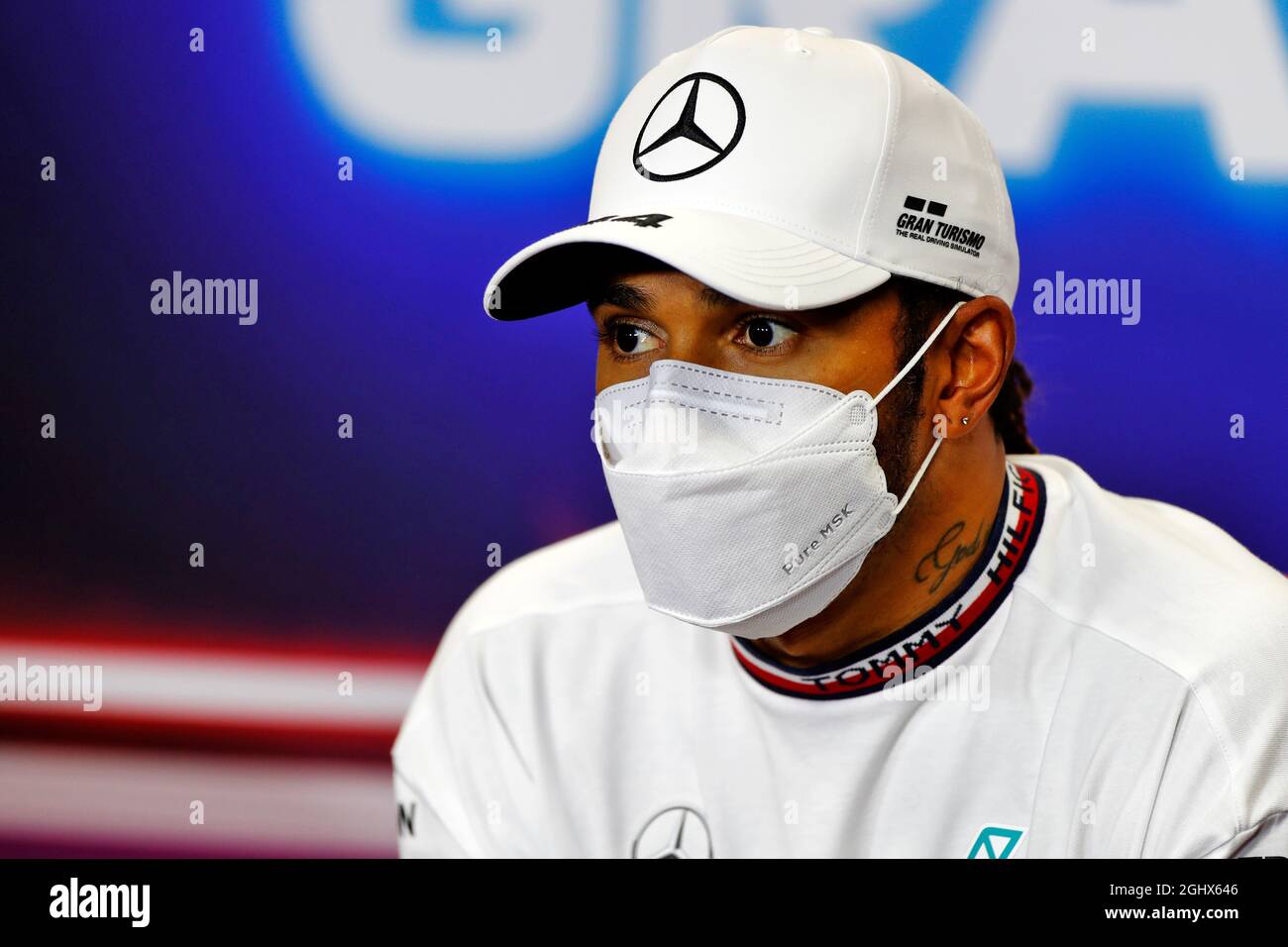 Lewis Hamilton (GBR) Mercedes AMG F1 in the post race FIA Press Conference.  02.05.2021. Formula 1 World Championship, Rd 3, Portuguese Grand Prix, Portimao, Portugal, Race Day.  Photo credit should read: XPB/Press Association Images. Stock Photo