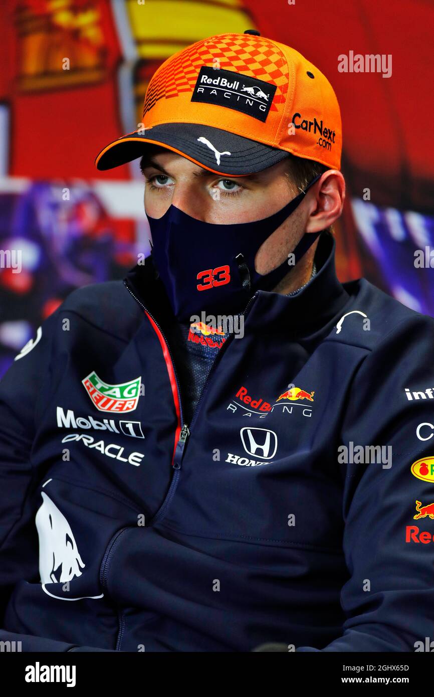 Max Verstappen (NLD) Red Bull Racing in the post race FIA Press Conference.  02.05.2021. Formula 1 World Championship, Rd 3, Portuguese Grand Prix, Portimao, Portugal, Race Day.  Photo credit should read: XPB/Press Association Images. Stock Photo