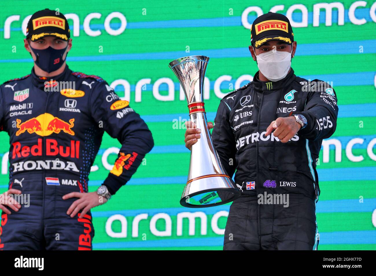Race winner Lewis Hamilton (GBR) Mercedes AMG F1 celebrates on the podium with Max Verstappen (NLD) Red Bull Racing (Left).  09.05.2021. Formula 1 World Championship, Rd 4, Spanish Grand Prix, Barcelona, Spain, Race Day.  Photo credit should read: XPB/Press Association Images. Stock Photo