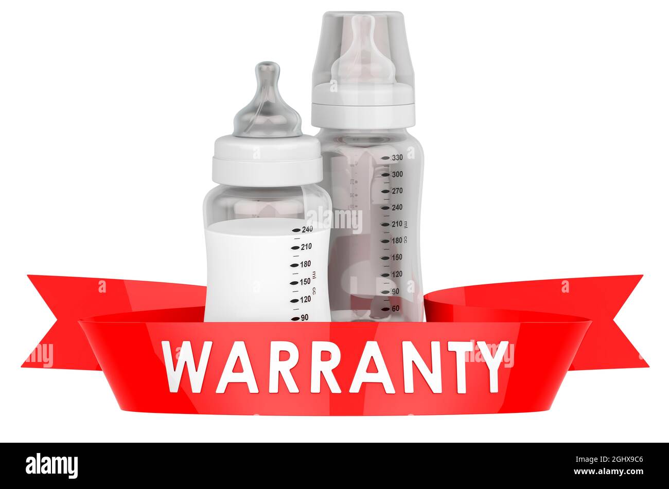 Baby bottles with infant formula, warranty concept. 3D rendering