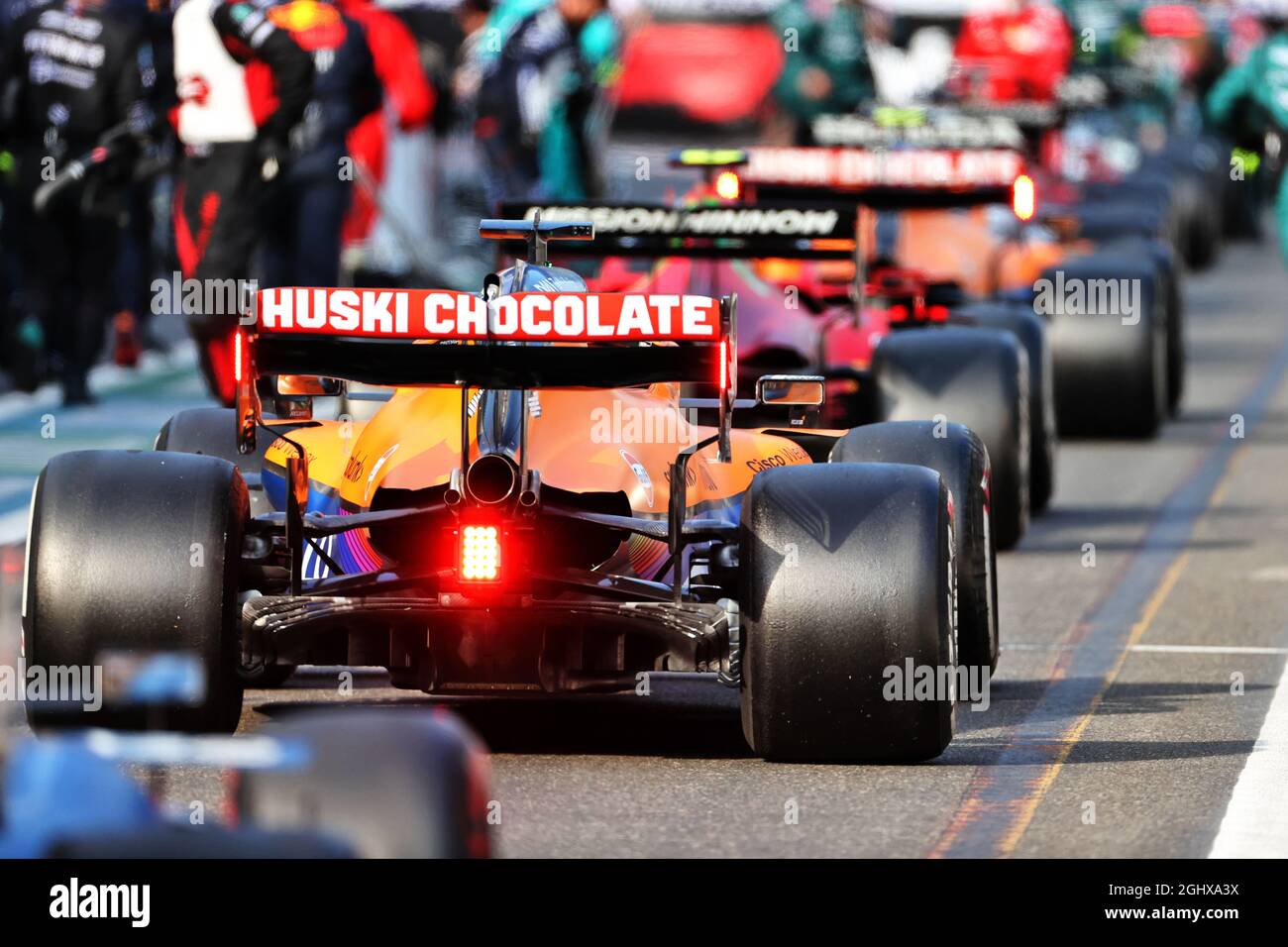 Daniel Ricciardo (AUS) McLaren MCL35M in the pits while the race 