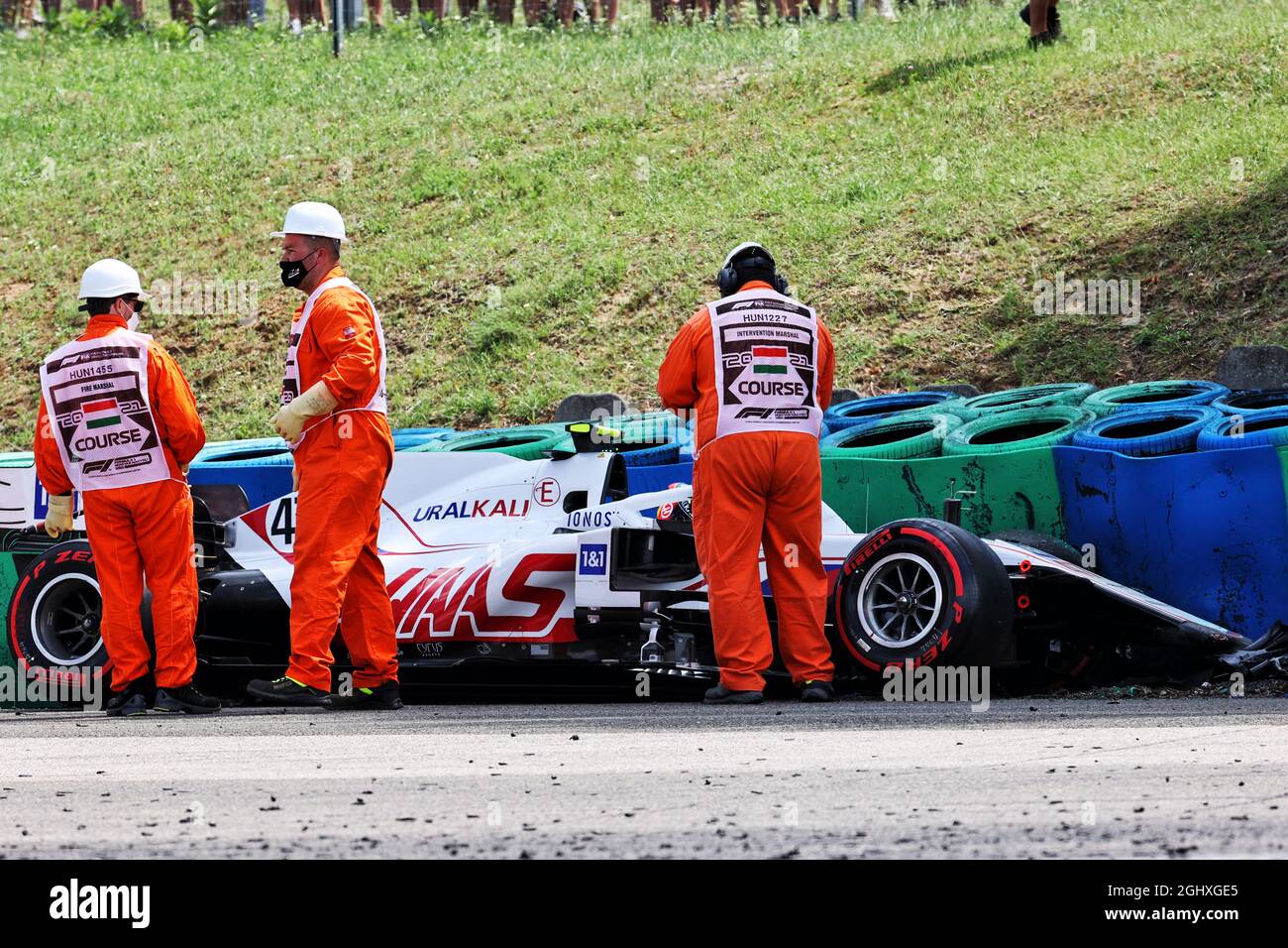 Mick Schumacher (GER) Haas VF-21 crashed in the second practice session.  31.07.2021. Formula 1 World Championship, Rd 11, Hungarian Grand Prix, Budapest, Hungary, Qualifying Day.  Photo credit should read: XPB/Press Association Images. Stock Photo