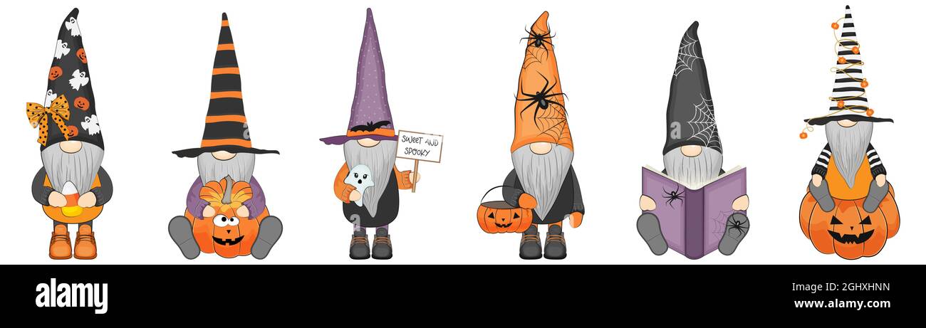 Funny happy halloween gnomes set. Vector illustration Stock Vector