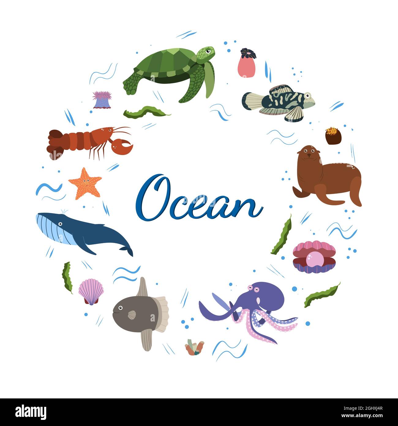 Design template with sea animal in circle for kid print. Round composition  of marine animals, turtle and whale, octopus, fur seal. Vector set of  underwater life in cartoon style Stock Vector Image
