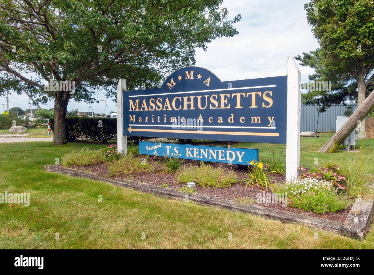 Massachusetts Maritime Academy known as MMA sign in summer Stock Photo