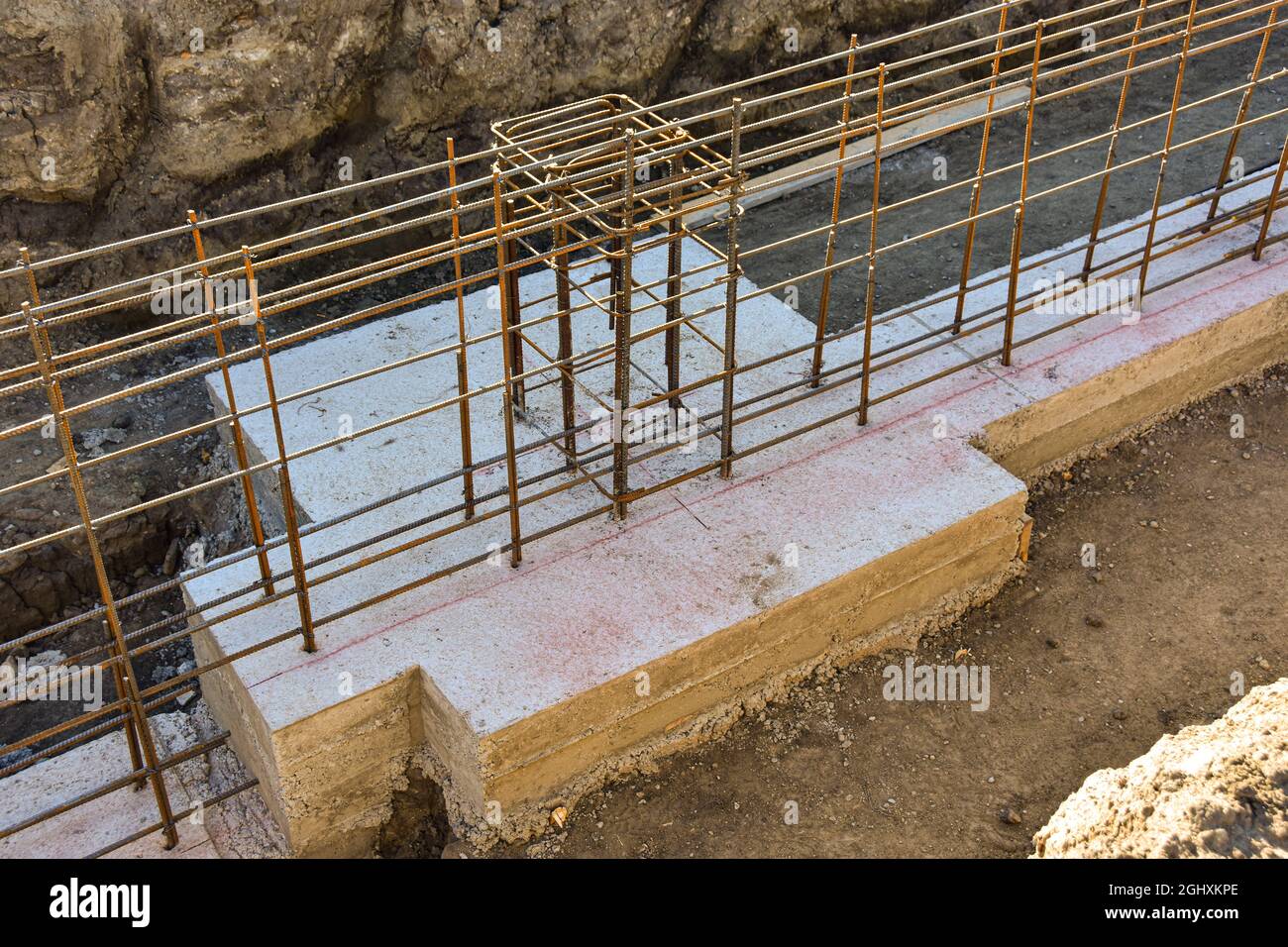 Concrete footings with re rod in place for new commercial building