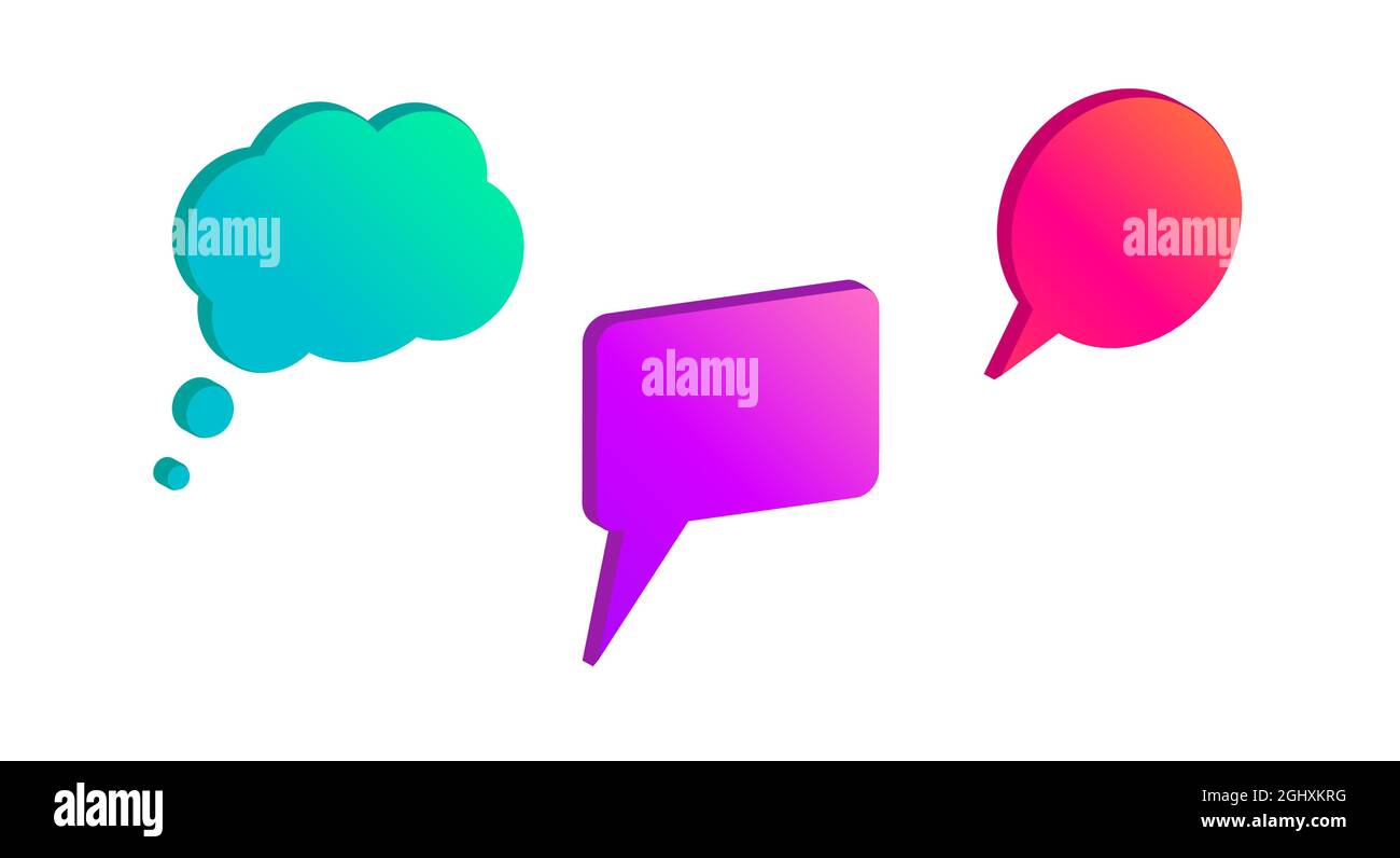 Dialogue speech bubles with modern gradient, 3D vector illustration. Round, square and thought cloud shapes collection. Stock Vector