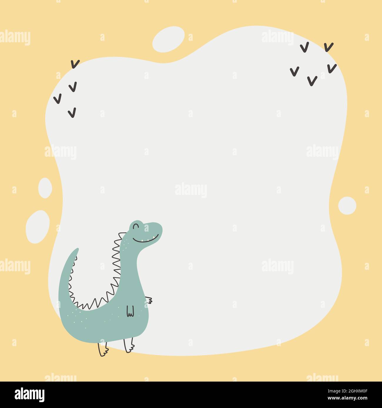 Cute dinosaur with a blot frame in simple cartoon hand-drawn style. Template for your text or photo. Ideal for cards, invitations, party, kindergarten Stock Vector