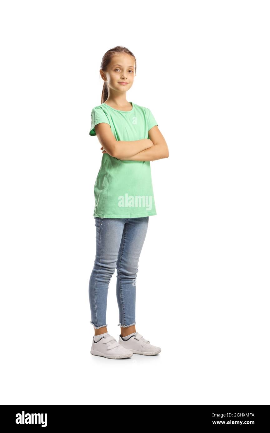 Full length portrait of a girl in a green t-shirt and jeans isolated on white background Stock Photo