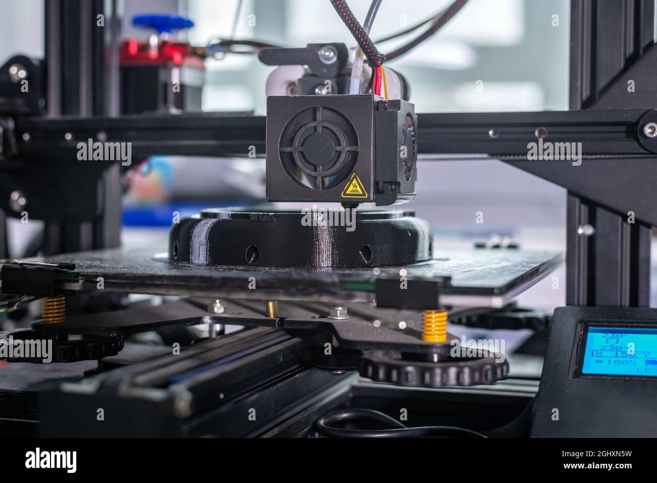 The 3D printer prints black plastic model. modern technology. Stock Photo