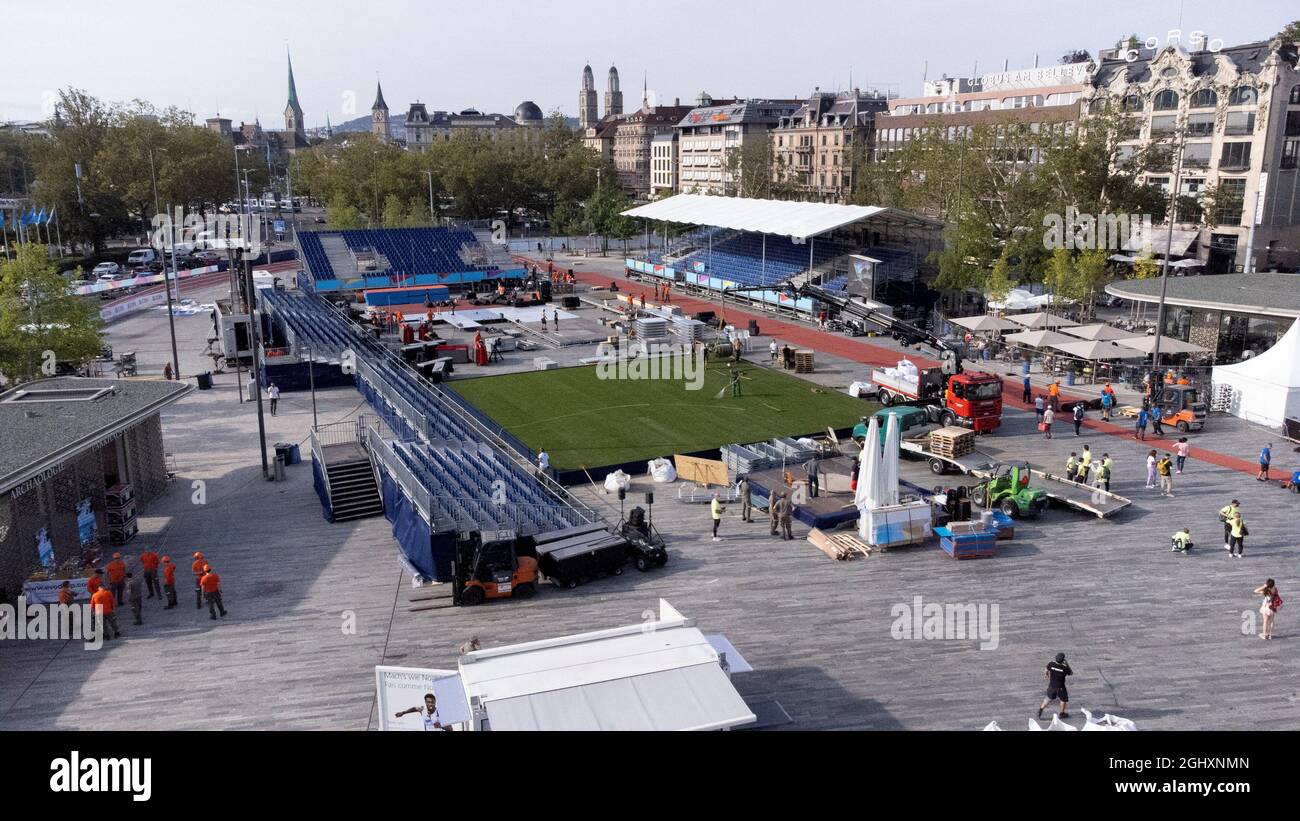 A general view shows preparations at the location of the first day of the  upcoming Weltklasse Zurich 2021 athletic meeting on the Sechselaeutenplatz  square in Zurich, Switzerland September 7, 2021. Picture taken