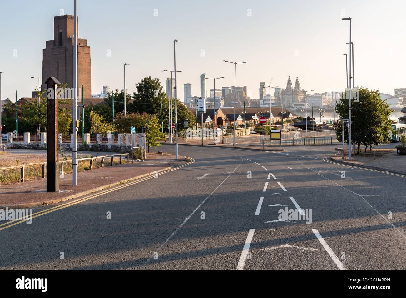Birkenhead, UK: Hamilton Street, looking towards Woodside ferry terminal, with Liverpool waterfront buildings in the distance. Stock Photo