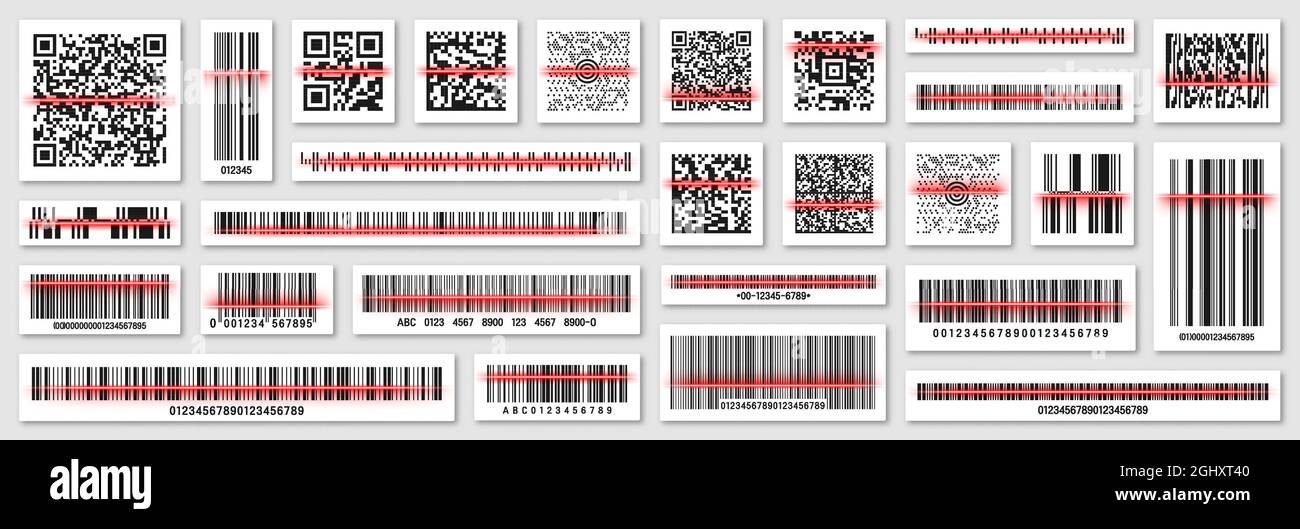 Product barcodes and QR codes with red scanning line. Identification tracking code. Serial number, product ID with digital information. Store Stock Vector