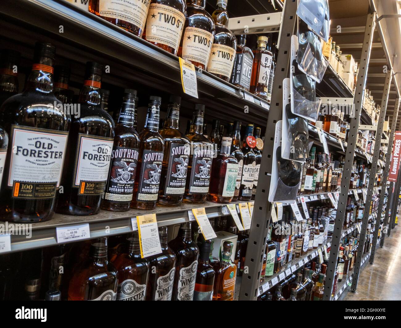 Bellevue, WA USA - circa August 2021: View of various liqueurs and liquors inside a Total Wine beverage shop. Stock Photo