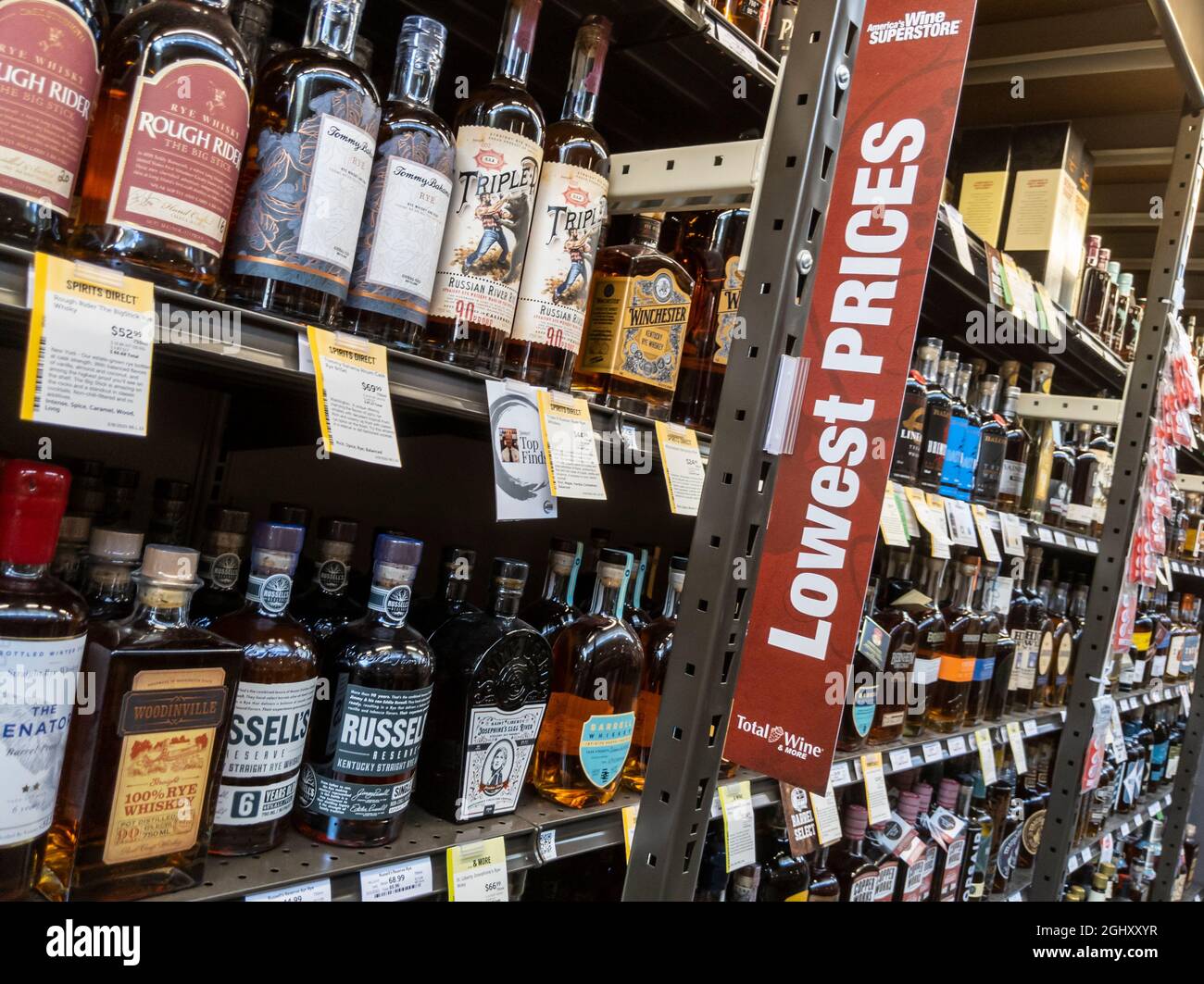 Bellevue, WA USA - circa August 2021: View of various liqueurs and liquors inside a Total Wine beverage shop. Stock Photo