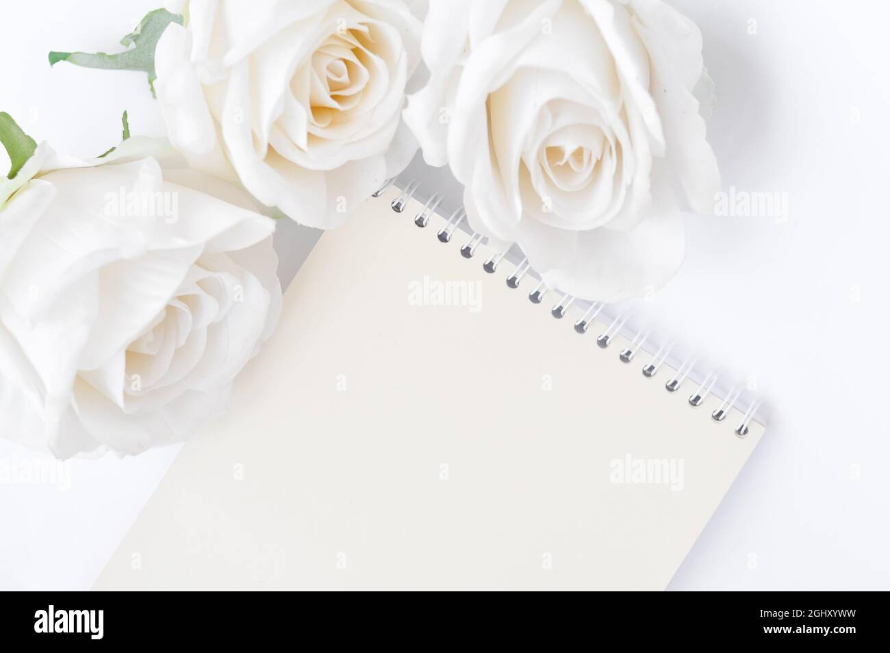 a book and white roses on the table, empty space for title Stock Photo