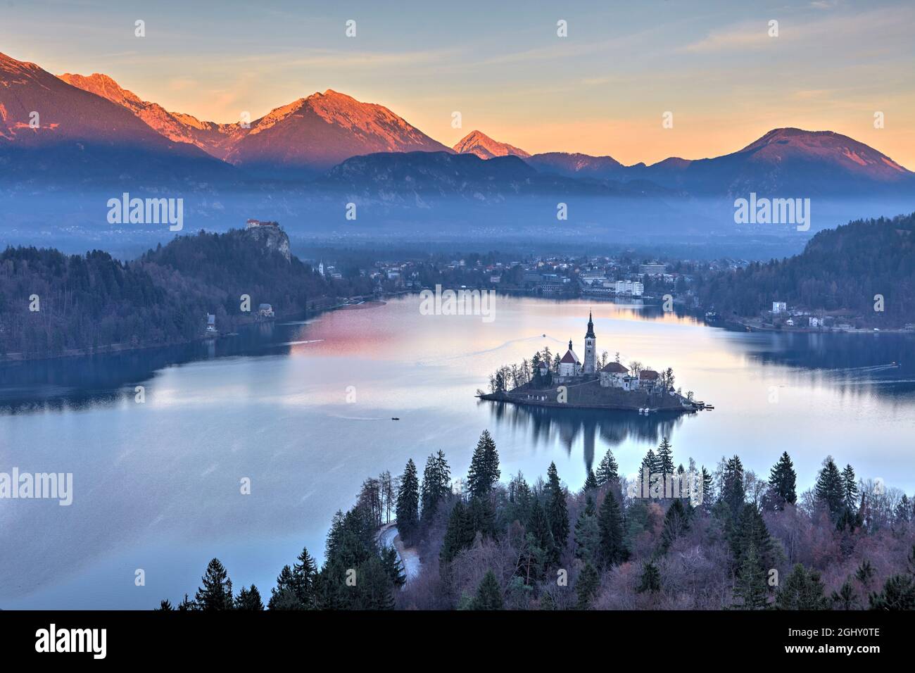 Elevated view of Lake Bled and the Church of Mary the Queen, located on a small island in the middle of the lake, Bled, Slovenia Stock Photo
