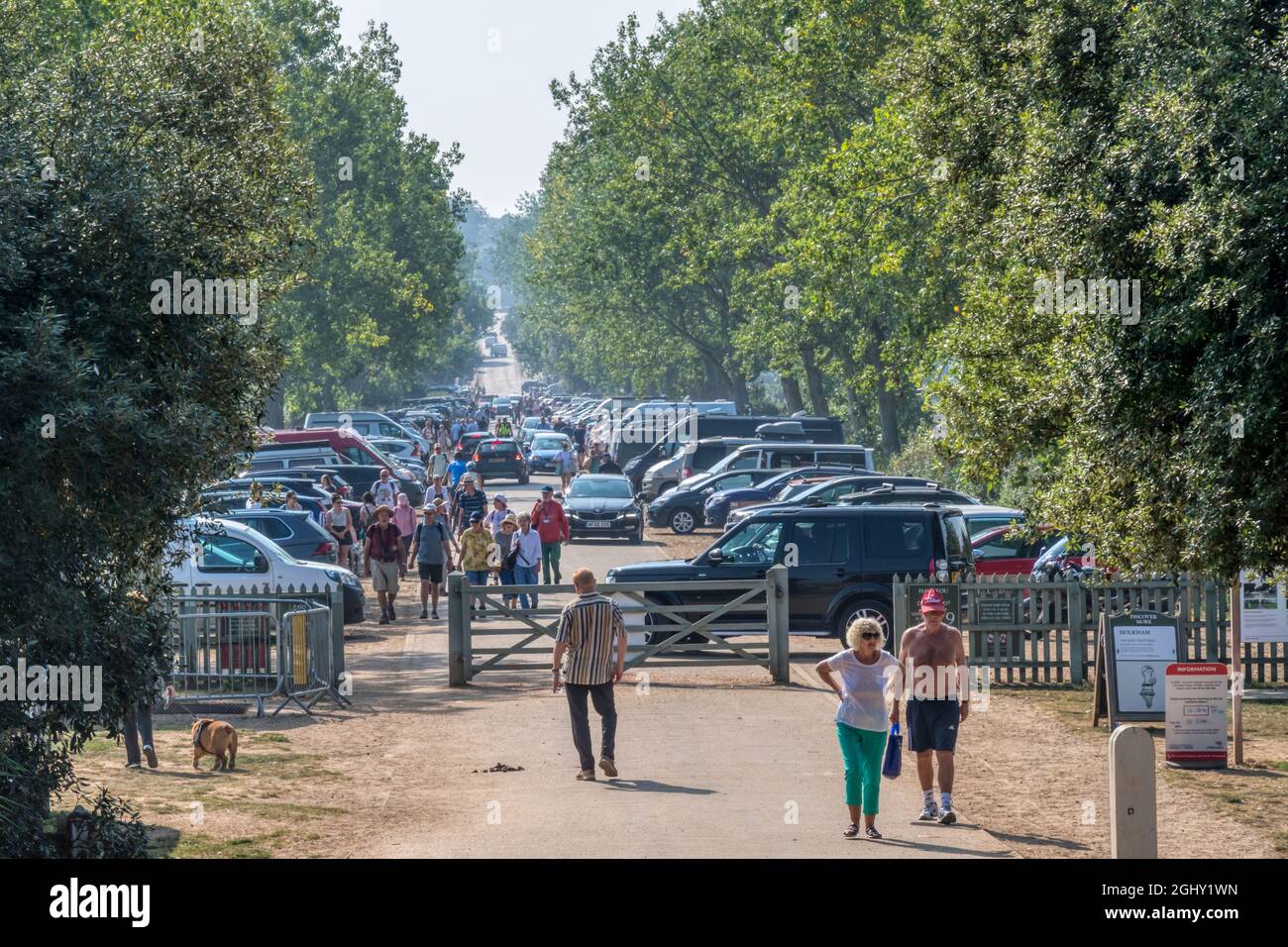 Crowds of holidaymakers on Lady Anne's Drive leading to Holkham beach, north Norfolk. Stock Photo