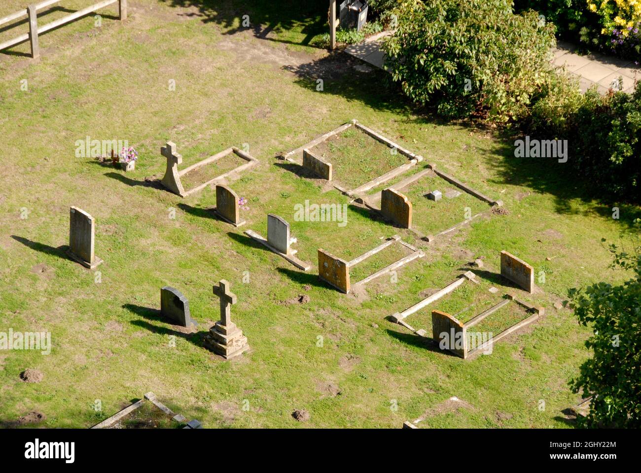 Part of the churchyard of St Helen's church, Ranworth, Norfolk, England, seen from the top of the church tower Stock Photo