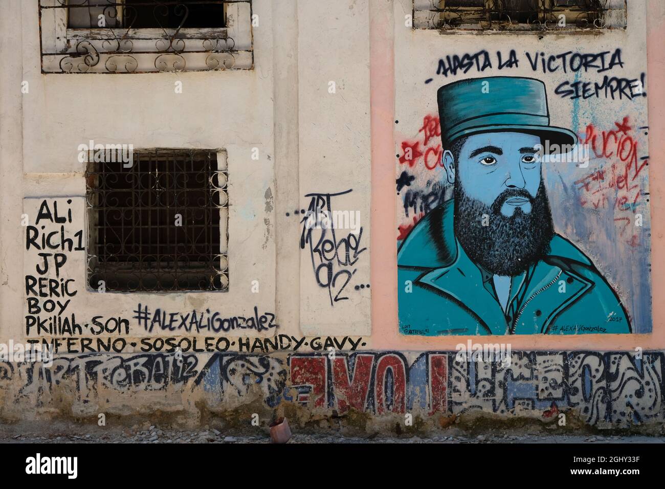 A mural of revolutionary Fidel Castro on a back street in Havana, Cuba. Stock Photo