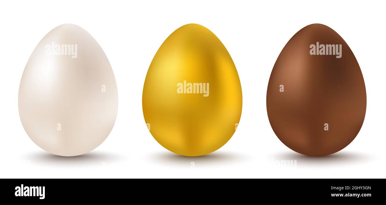 Vector set three eggs for Easter. White, golden and chocolate eggs for Easter. Vector egg. Stock Vector
