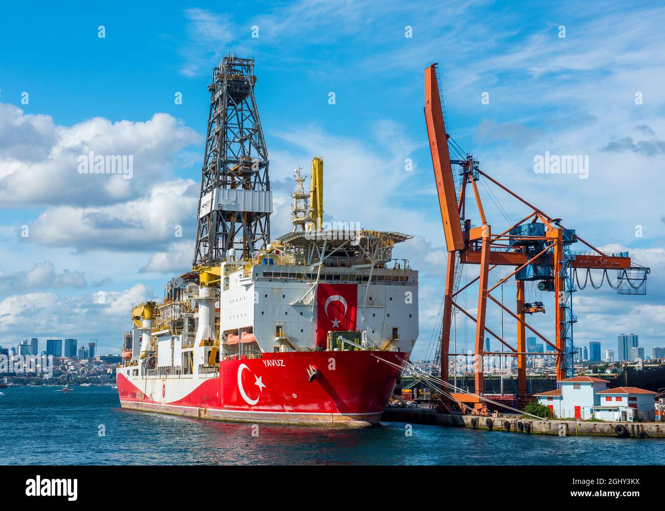 ISTANBUL, TURKEY SEPTEMBER 4, 2021 YAVUZ Turkish Drillship mooring