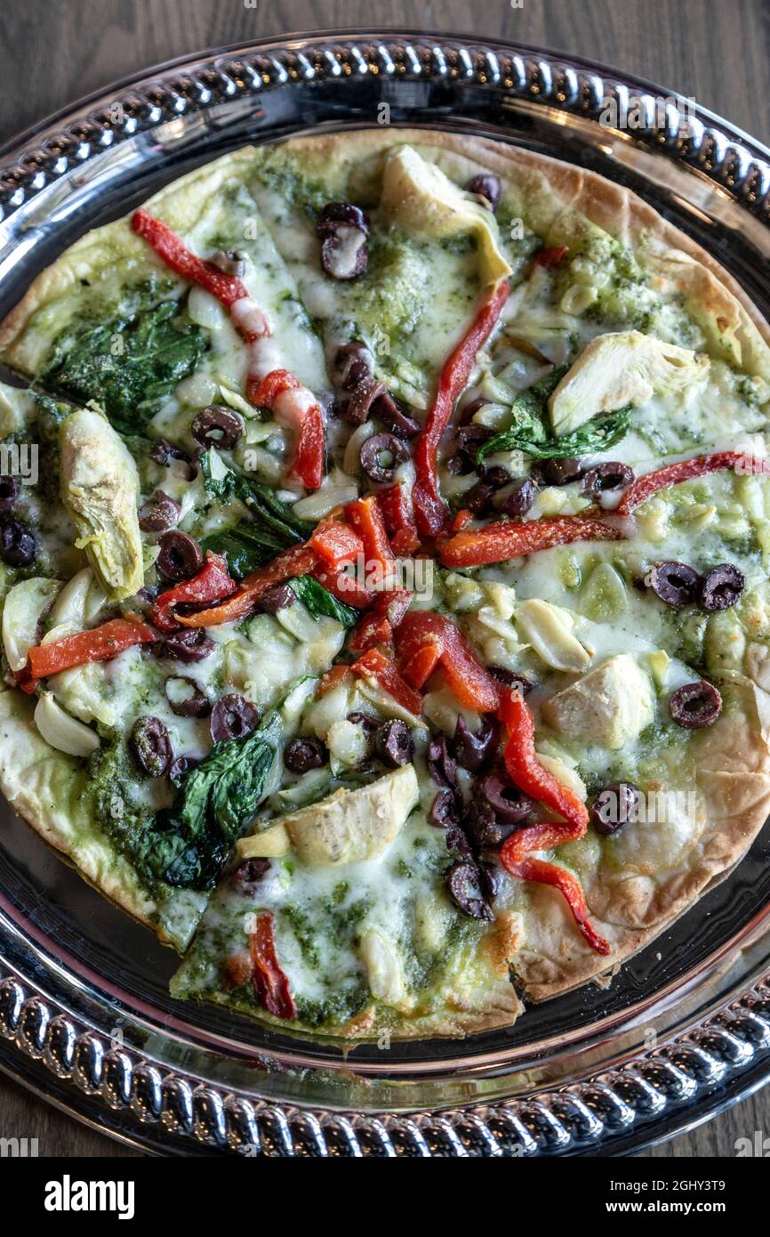Vegetarian gourmet pizza, Violet Crown Cinema, Railyard District, Santa