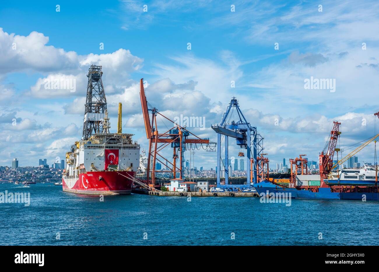 ISTANBUL, TURKEY SEPTEMBER 4, 2021 YAVUZ Turkish Drillship mooring