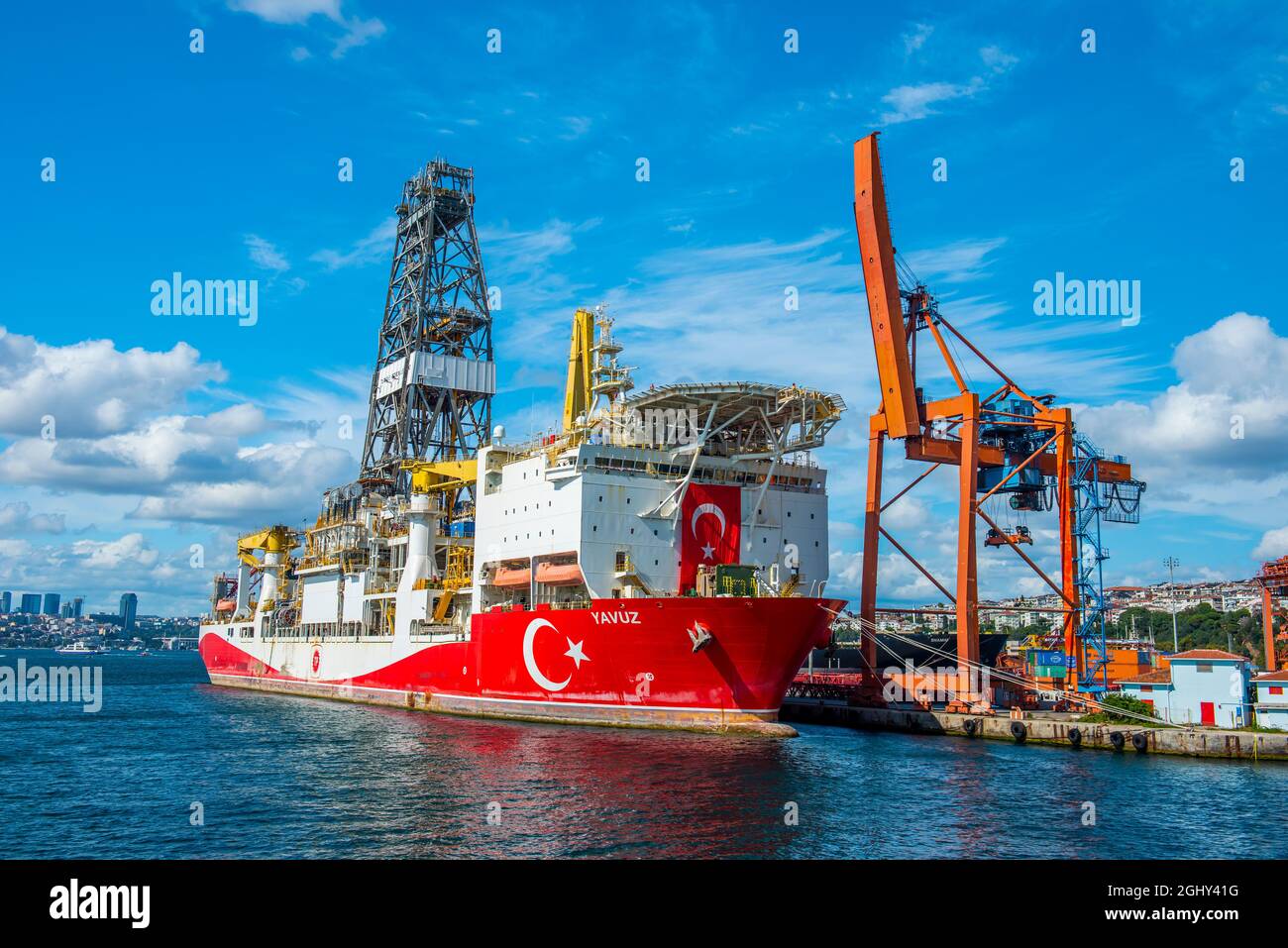 ISTANBUL, TURKEY SEPTEMBER 4, 2021 YAVUZ Turkish Drillship mooring