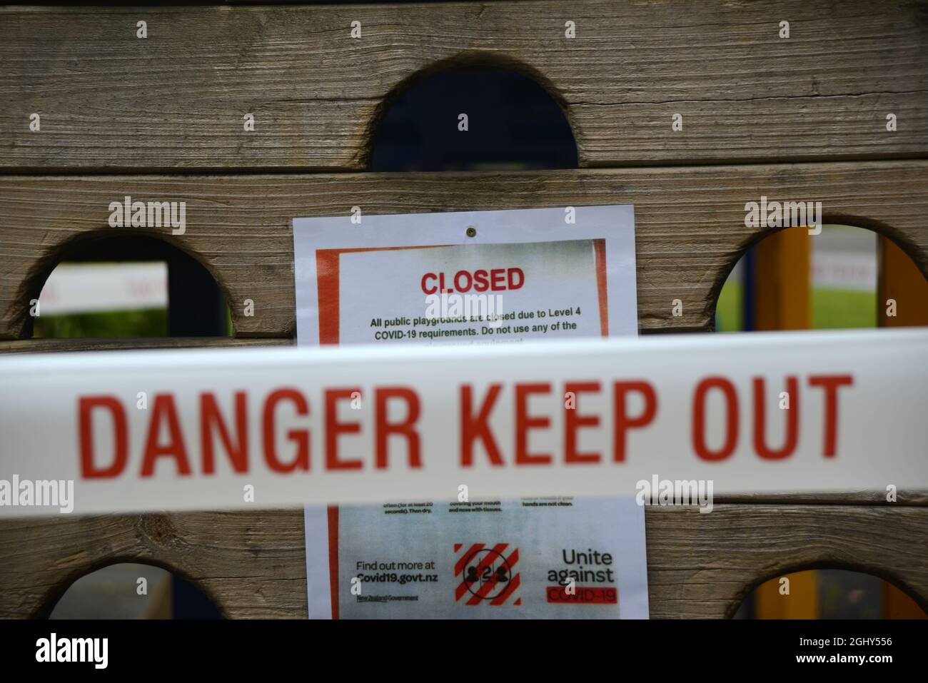 Signage and barriers warn children away from a public playground during the Covid 19 lockdown in New Zealand, September 6,  2021 Stock Photo