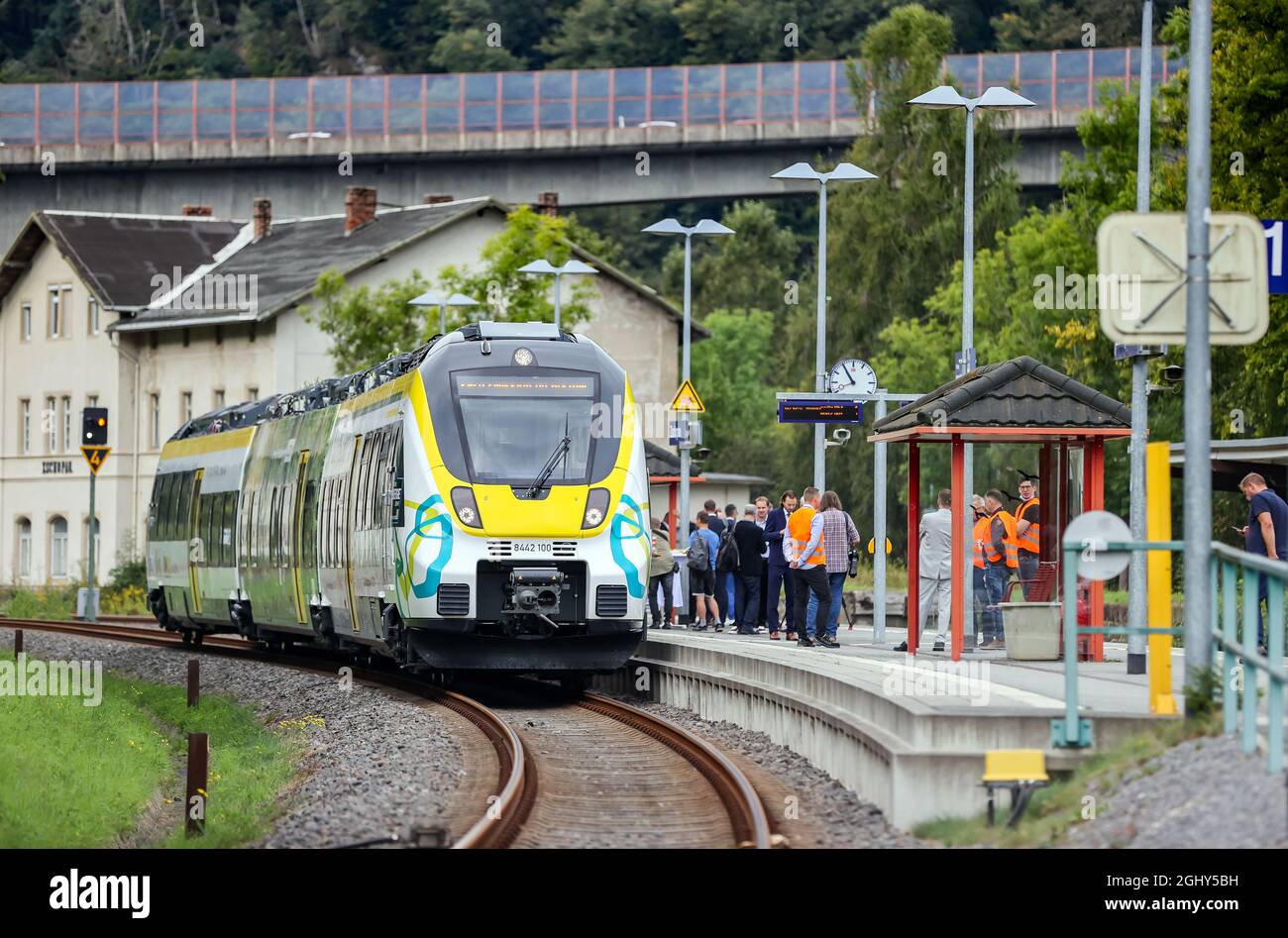 07 September 2021, Saxony, Zschopau: A battery-powered "Talent 3" train  stands in the city's station. On railway lines without overhead lines, the  passenger train can draw its power from batteries, which are