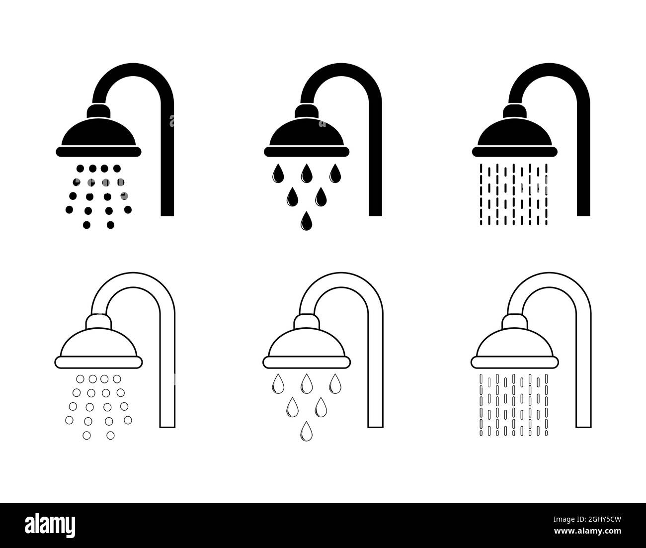 Shower icon. Bathroom symbol with water spray. Silhouette and outline design. Vector illustration isolated on white. Stock Vector