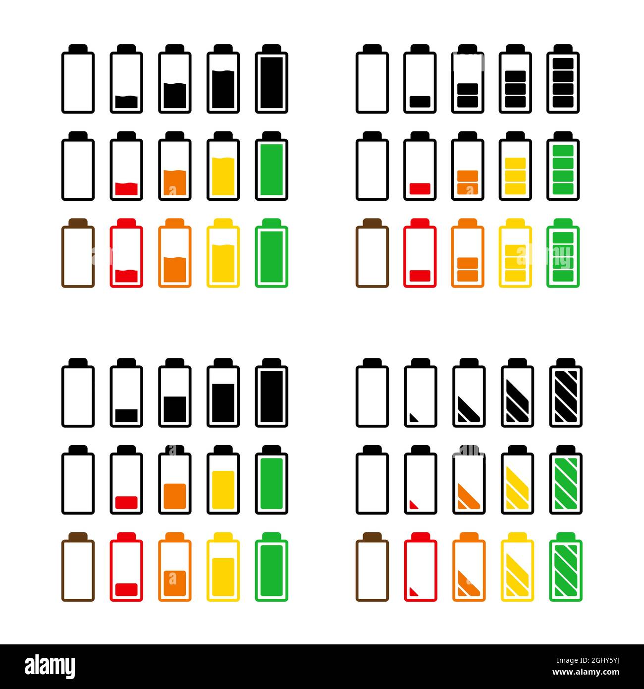 Battery charge level icon set. Symbol of power indicator of mobile phone accumulator.  Simple flat design. Vector illustration isolated on white. Stock Vector