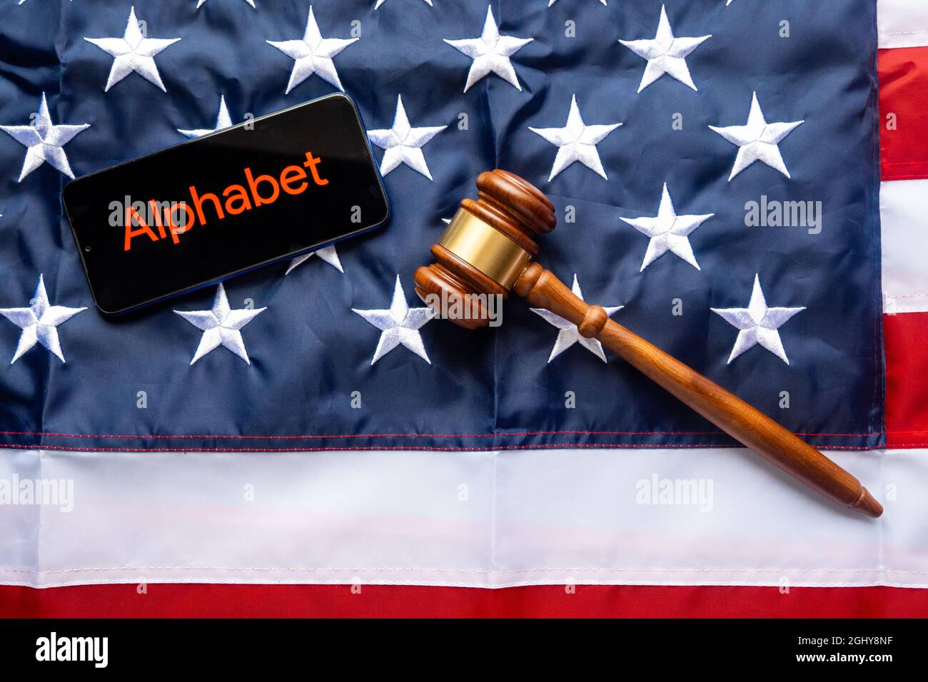 MADRID, SPAIN Aug 18, 2021 A top view of the judge's gavel with a