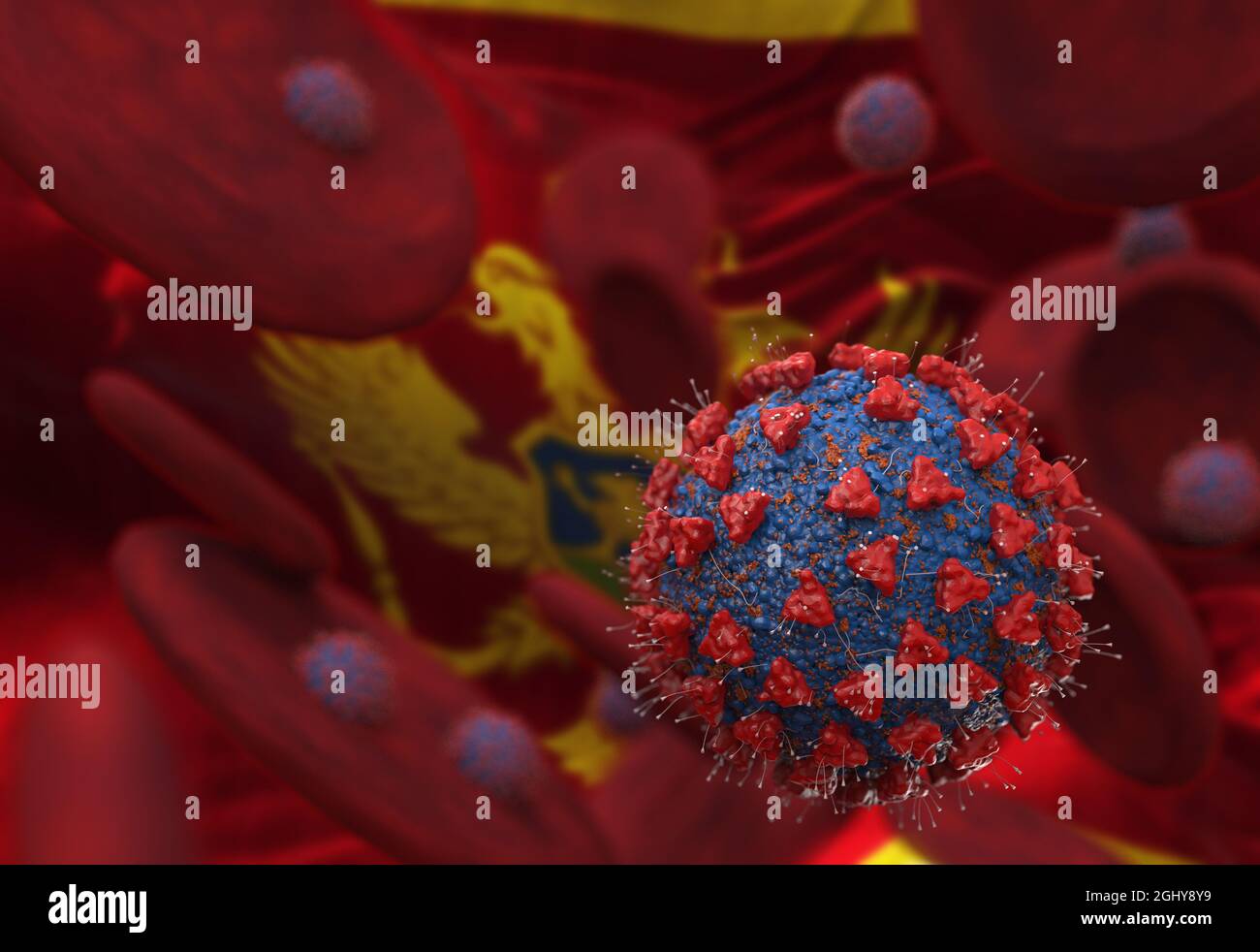 Virus and blood cells against flag of Montenegro. 3d illustration. viral infection causing chronic disease. Hepatitis viruses, influenza virus H1N1, C Stock Photo