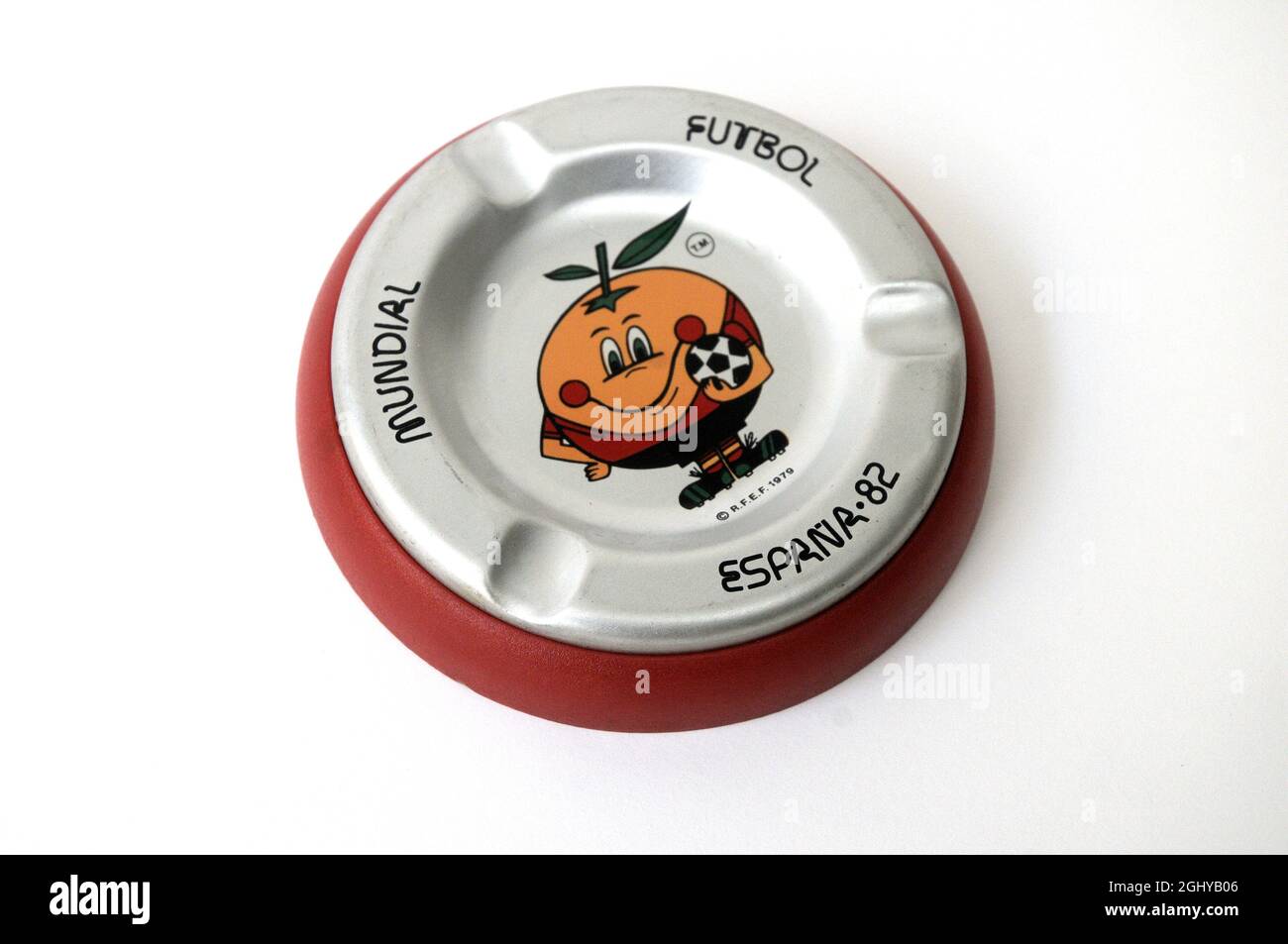 Ashtray, orange, football world cup, 1982, mascot, vintage ashtray, second hand, used, football, vintage object, collection, fans, footballers, Stock Photo