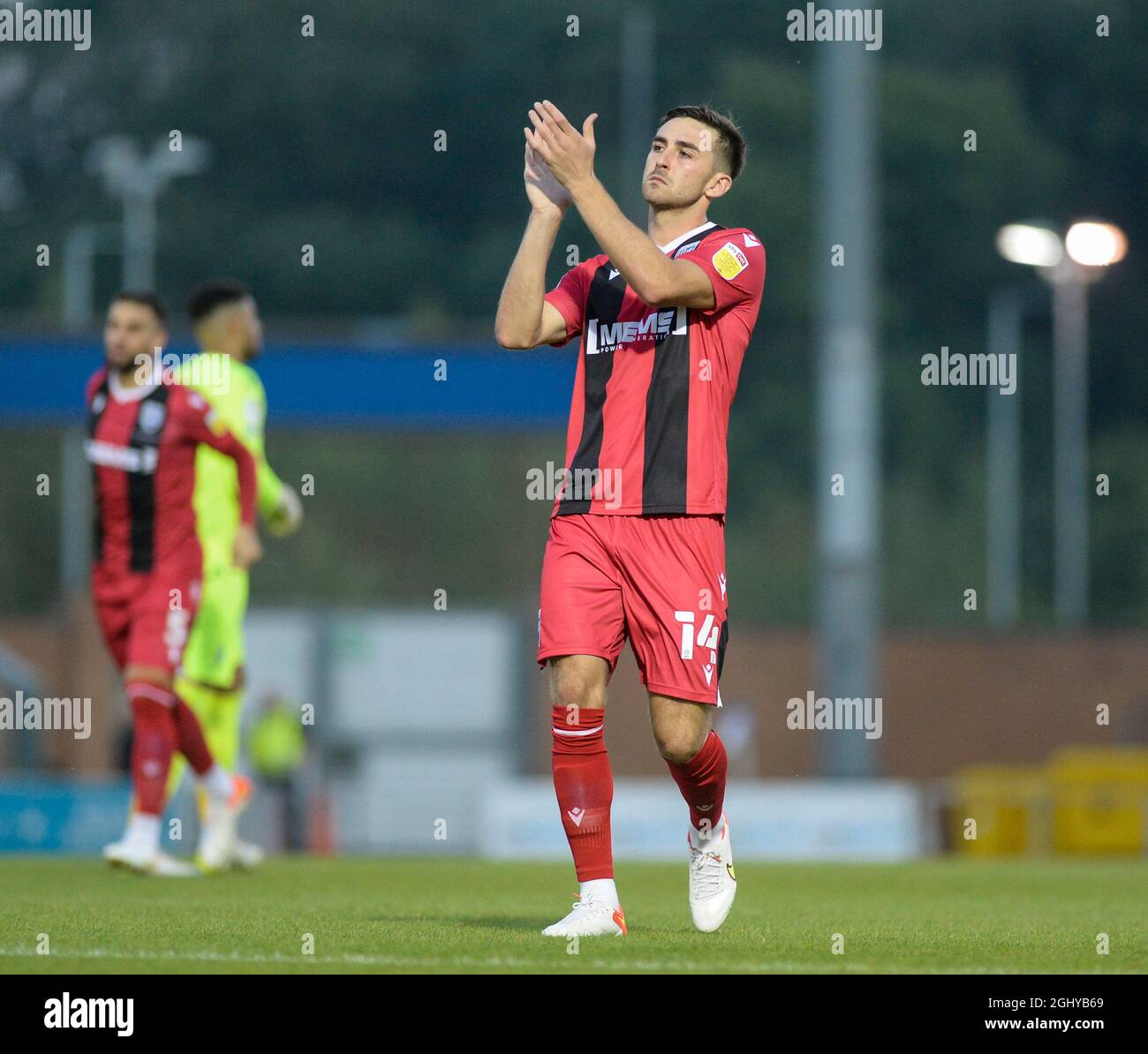 Gillinghams goal scorer Robbie Mckenzie claps away fans during the EFL Trophy match between Colchester United and Gillingham at the Weston Homes Community Stadium, Colchester on Tuesday 7th September 2021. (Credit: Ben Pooley | MI News) Credit: MI News & Sport /Alamy Live News Stock Photo