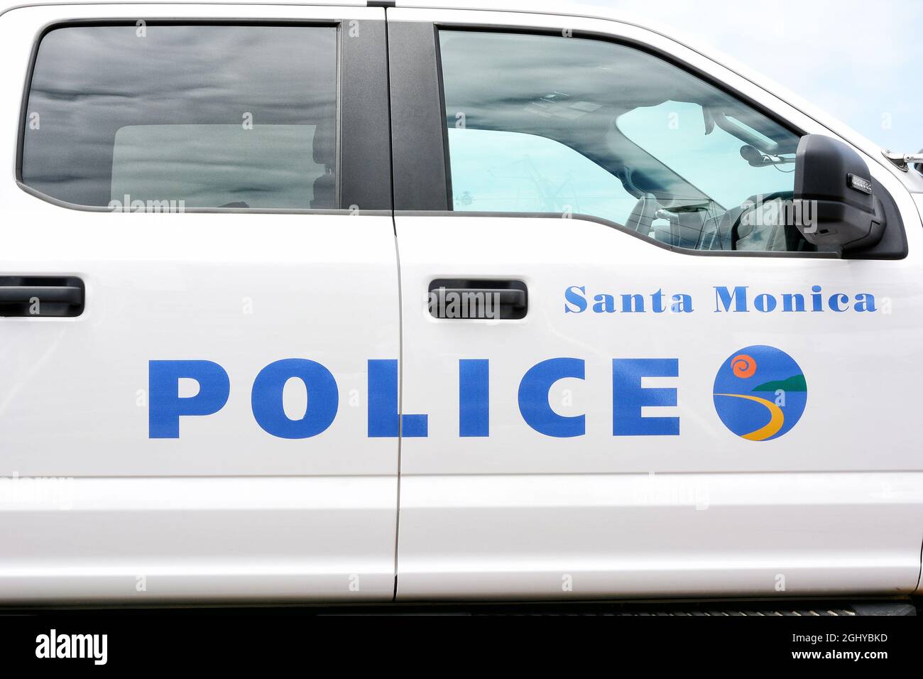 SANTA MONICA, CALIFORNIA  - 15 MAY 2021:  Closeup of a Santa Monica Police vehicle. Stock Photo
