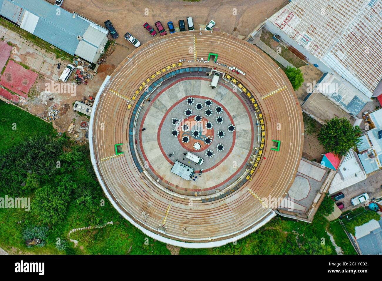 Aerial view and overhead plan of the bullring in Nogales, Sonora