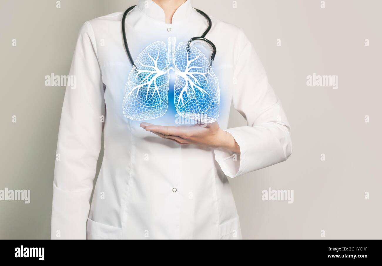 Lungs issues medical concept. Photo of female doctor, empty space. Stock Photo