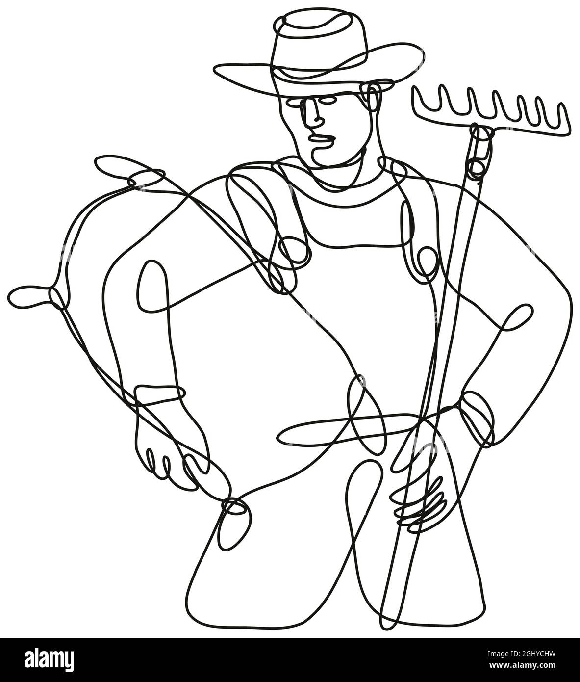 Organic Farmer with Rake and Carrying Sack Continuous Line Drawing Stock Photo