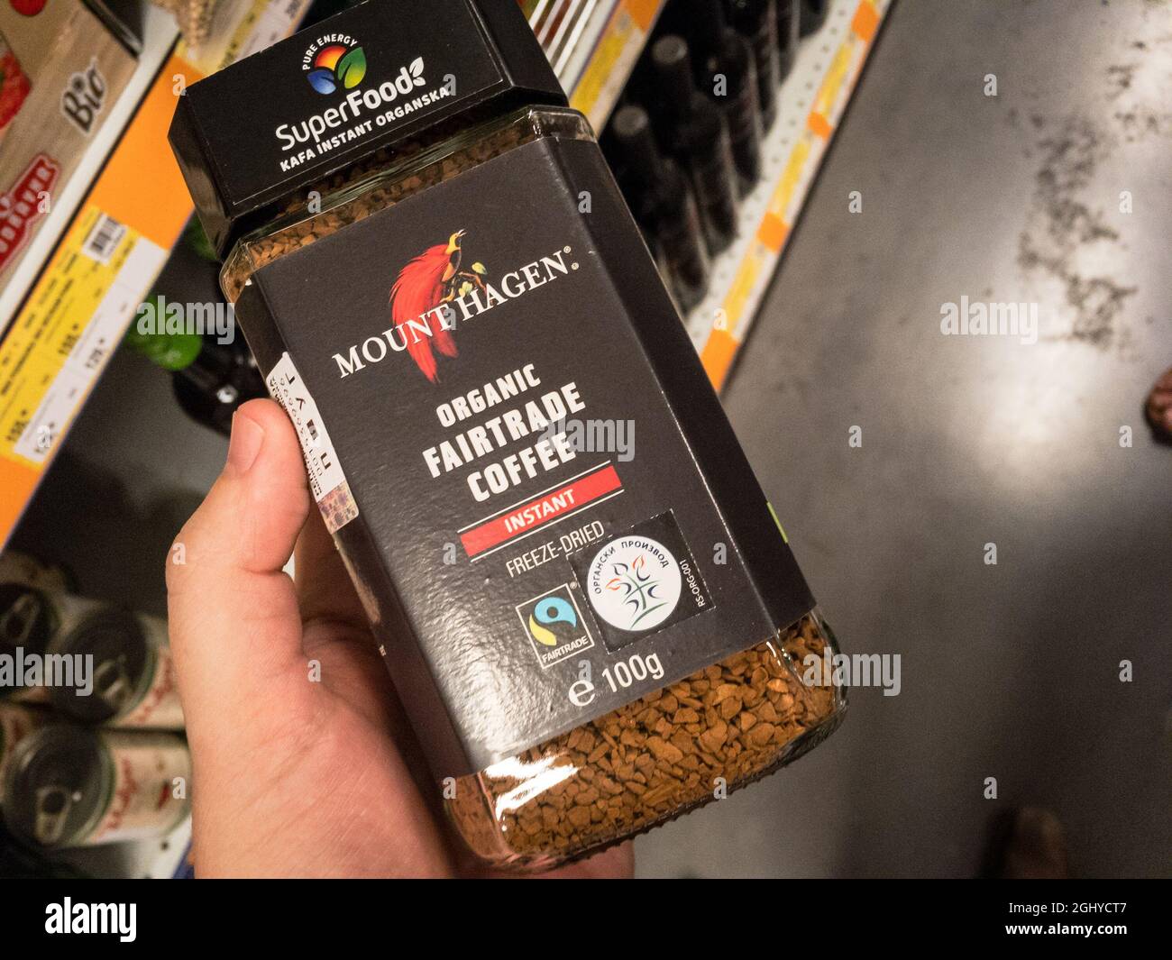 Picture of an freeze dried instant coffee jar with the logo of Mount Hagen, a company specialized in fair trade and organic coffee. Stock Photo