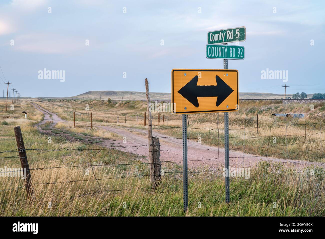 prairie landscape of rural northern Colorado with road signs, ranch ...