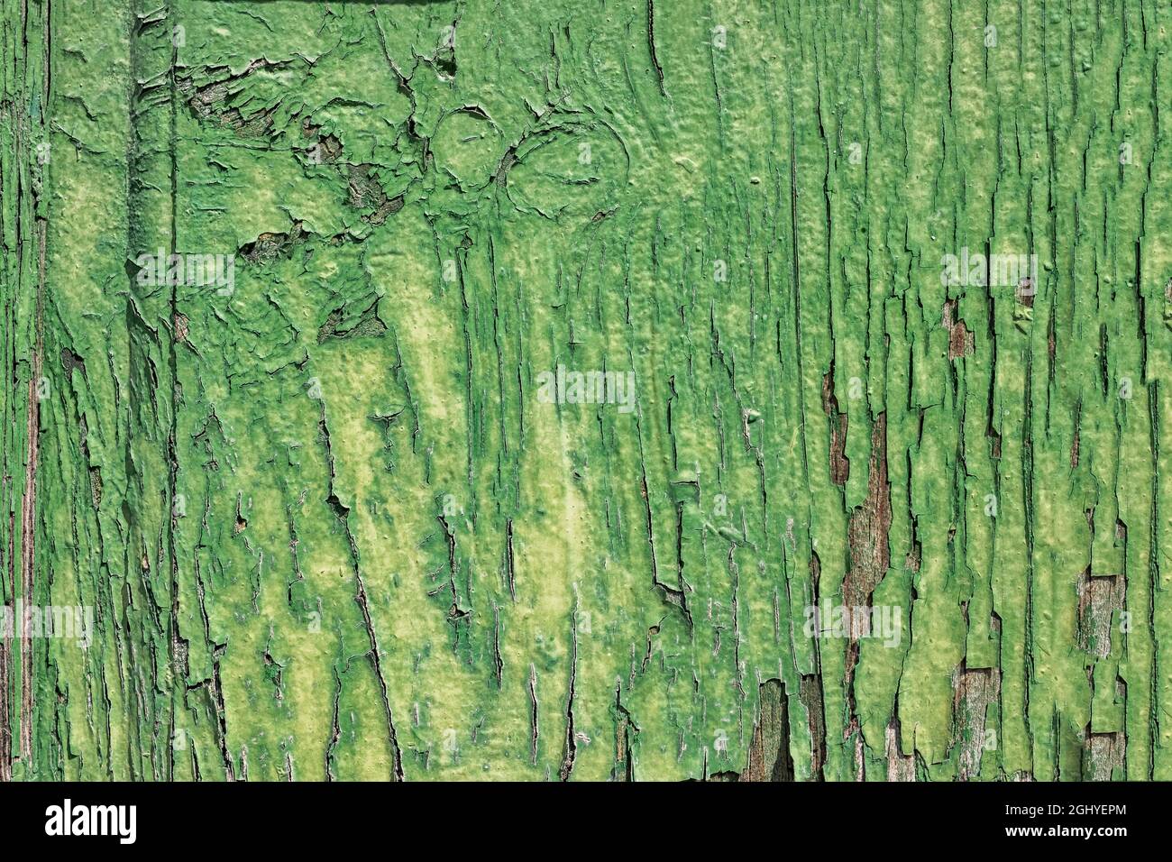 texture of a green painted wooden door, with the paint deteriorated by the effects of time, with a few flaking marks, horizontal Stock Photo