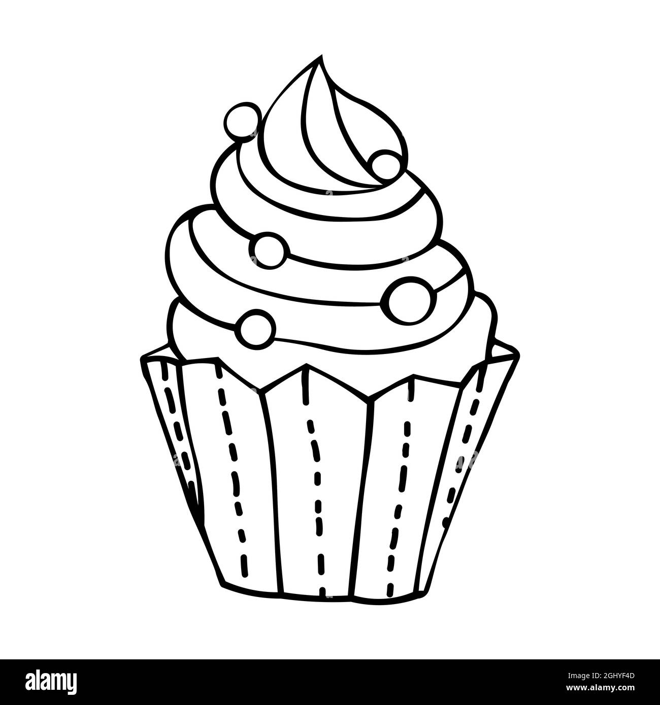 For greeting cards, posters, labels and designs recipes, food design, bakery, pastry shops, cafe. Vector illustration of muffin with cream in doodle s Stock Vector
