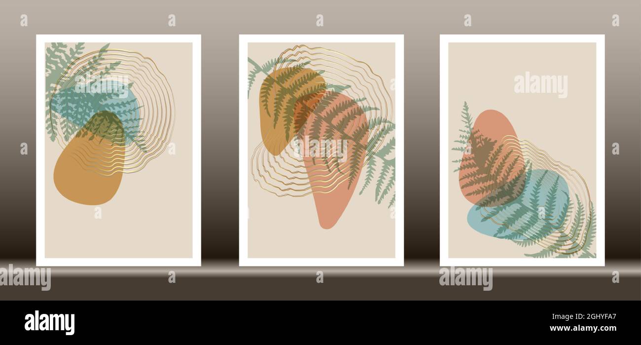 Botanical wall art vector set. Tropical fern foliage line art drawing with abstract shape, Abstract Plant Art design for wall framed prints, canvas Stock Vector
