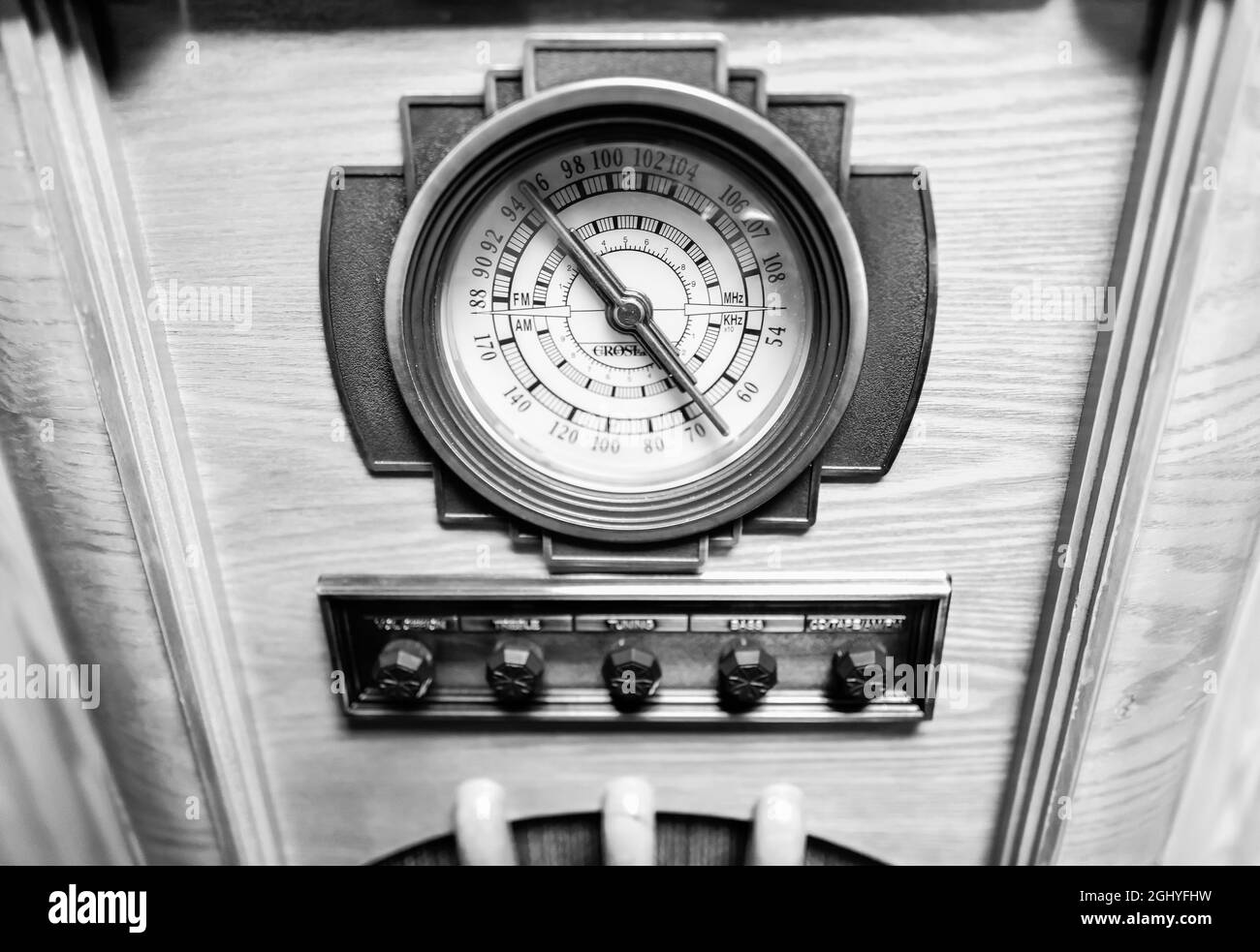 wooden vintage radio dials and face Stock Photo