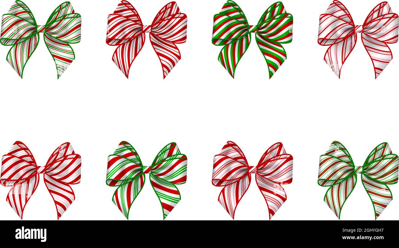 Set of isolated christmas bows with candy cane texture. striped bow for