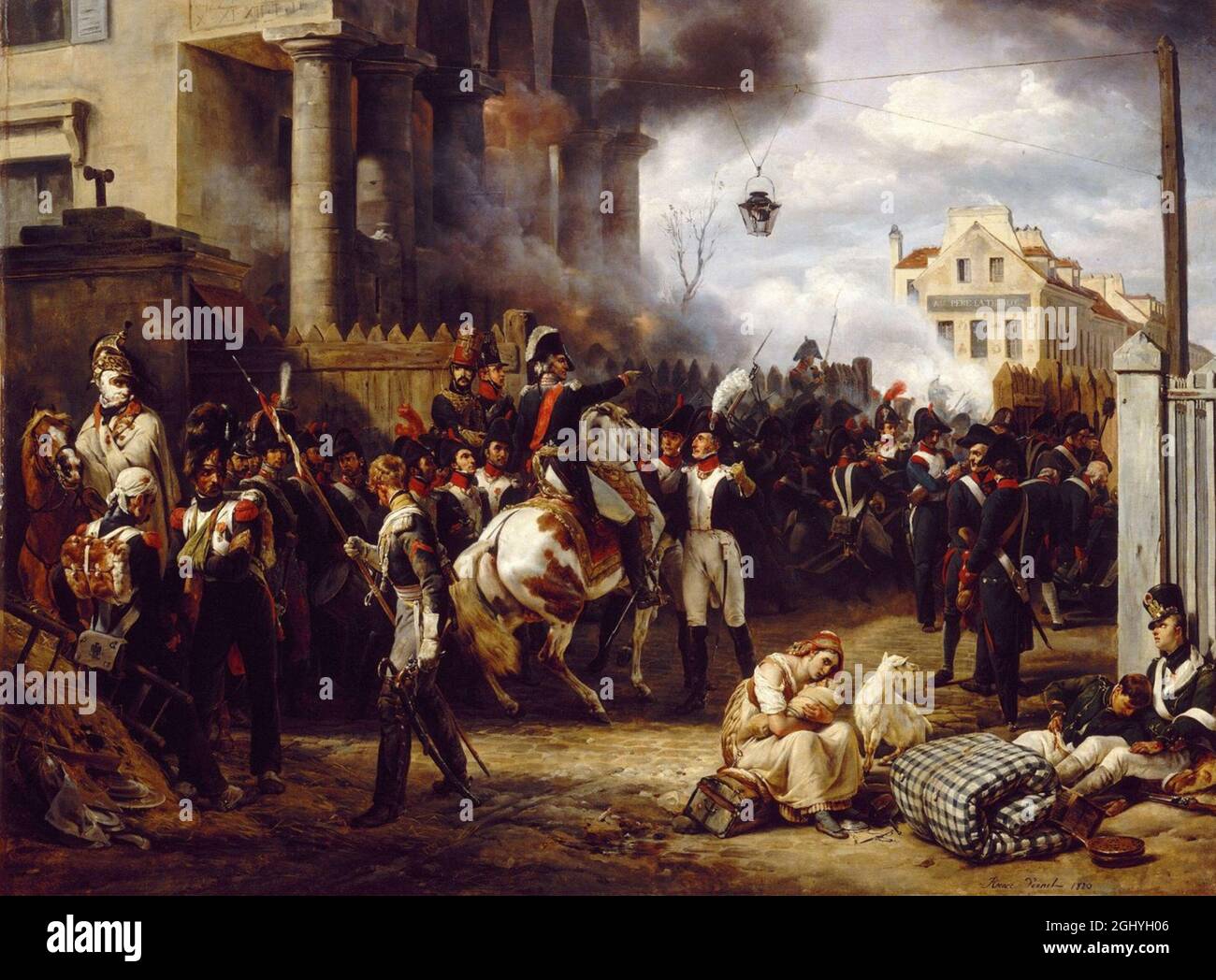 The defence of Paris during the fight against the Russian army in the capital in 1814. The painting depict fighting around a street barricade at Clichy., with Marshal Moncey giving orders. Painting by Horace Vernet. Stock Photo